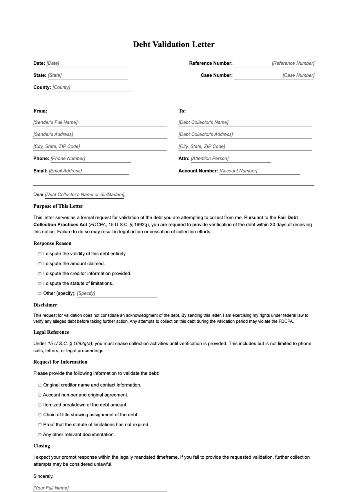 Lawyer crafted debt validation letter template with FDCPA compliance fields_variant_2